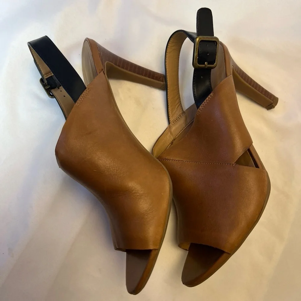 Franco Sarto Heels Women 9.5 M Quatrain Brown Leather Peep Toe Black Slingback - Picture 8 of 9